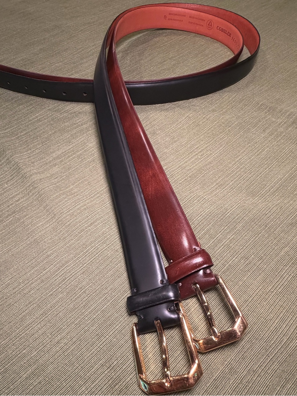 Pair of Cobbler made in Canada smooth leather belts size 40.
